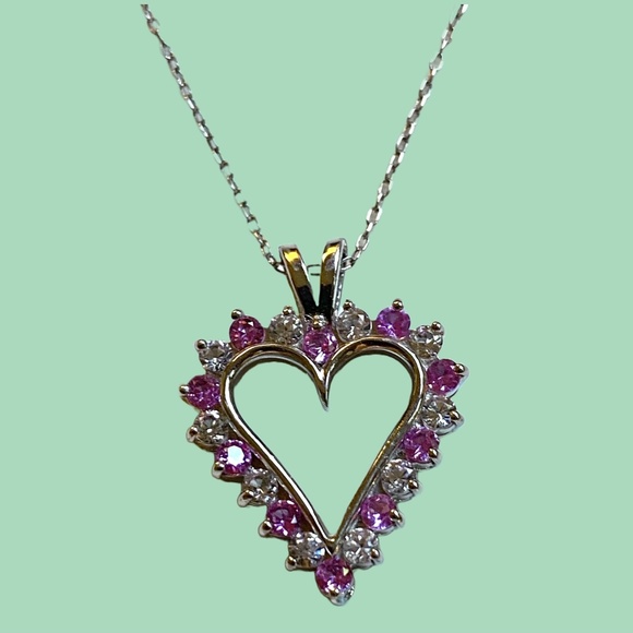 Sterling Silver Heart Shaped Lab Created White & Pink Sapphire Necklace - Picture 7 of 7